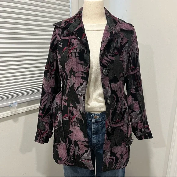Ali Miles Floral Brocade Art  Belted Jacket, Womens S/P, Purple & Black - Picture 7 of 13